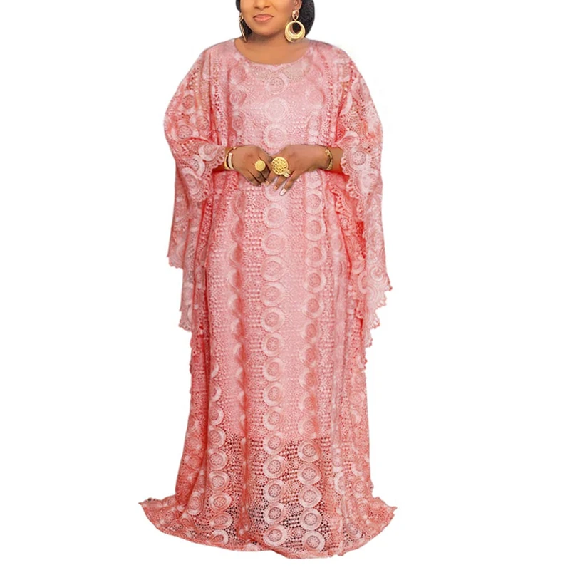 HD Women's Floor-Length Lace Kaftan Dress African Bubu Dress Boat Neck Caftan Gown Plus Size, Watermelon Red, One Size
