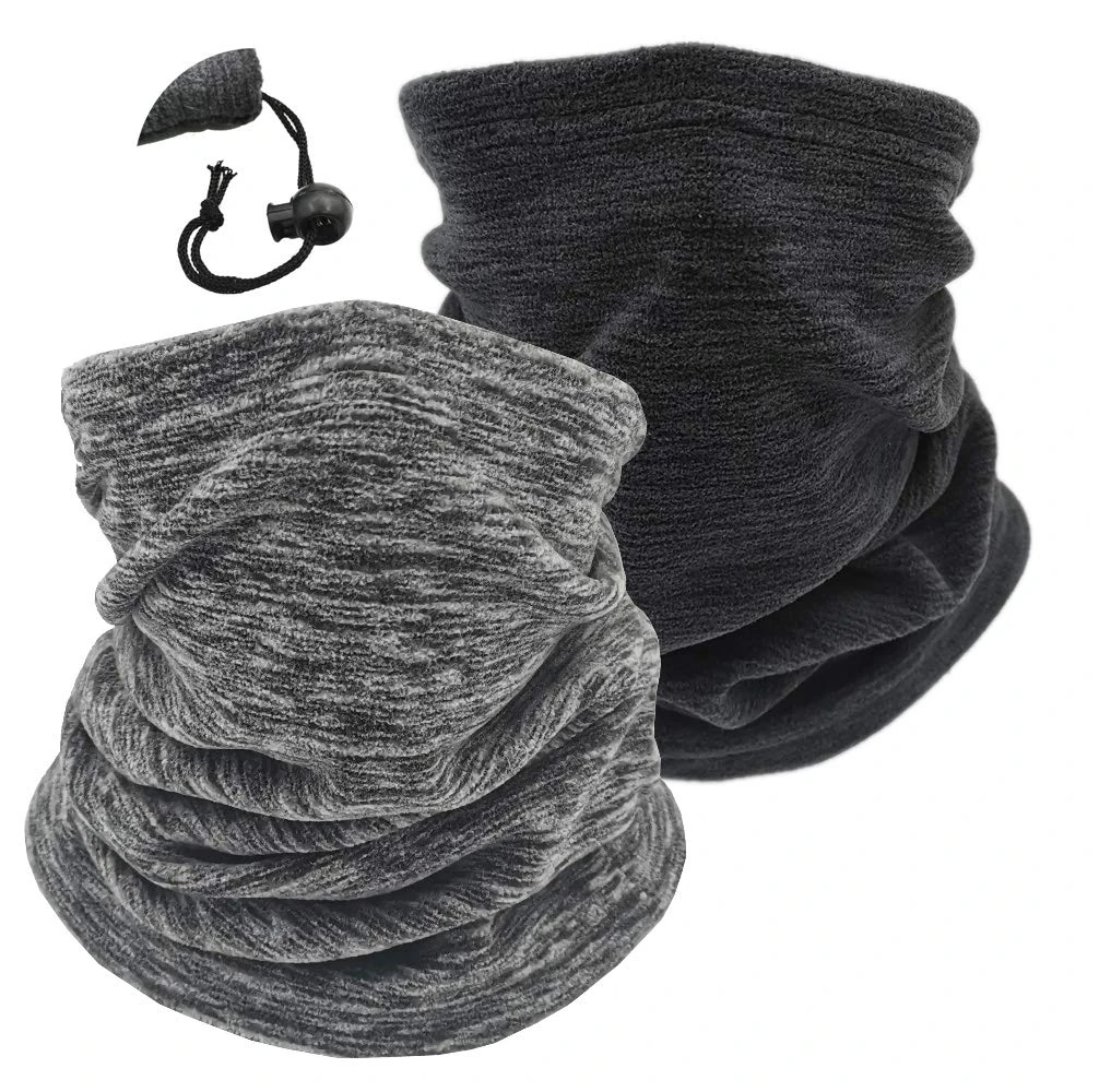Fleece Neck Warmer Thermal Snoods Unisex Thick Winter Cold Weather Knitted Circle Scarf for Cycling Motocycle Sports (2 pack black+grey string)