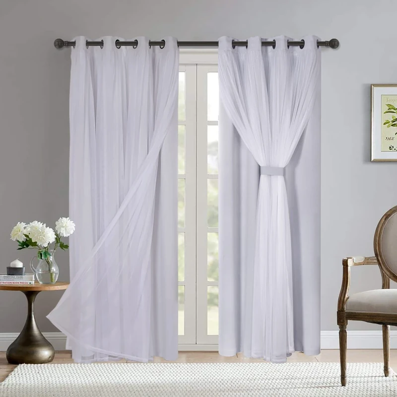 Bonzer Grommet Double-Layered Curtains with White Sheer Voile for Living Room Mix and Match Blackout Curtains, White Greyish, 52x84 Inch, Set of 2 Panels