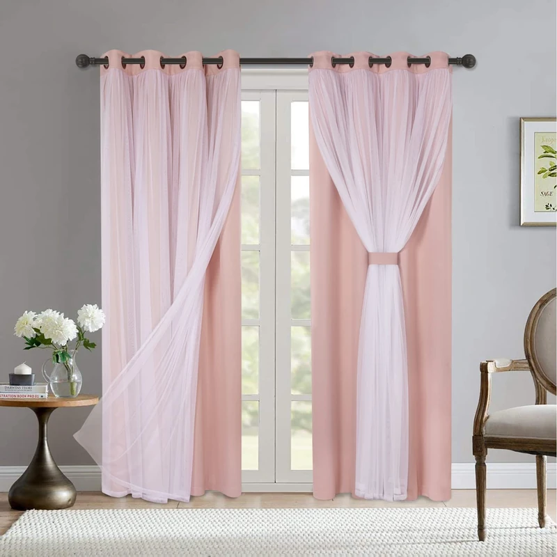Bonzer Mix and Match Blackout Curtains Grommet Double-Layered Curtains with White Sheer Voile for Living Room, Blush, 52x84 Inch, Set of 2 Panels