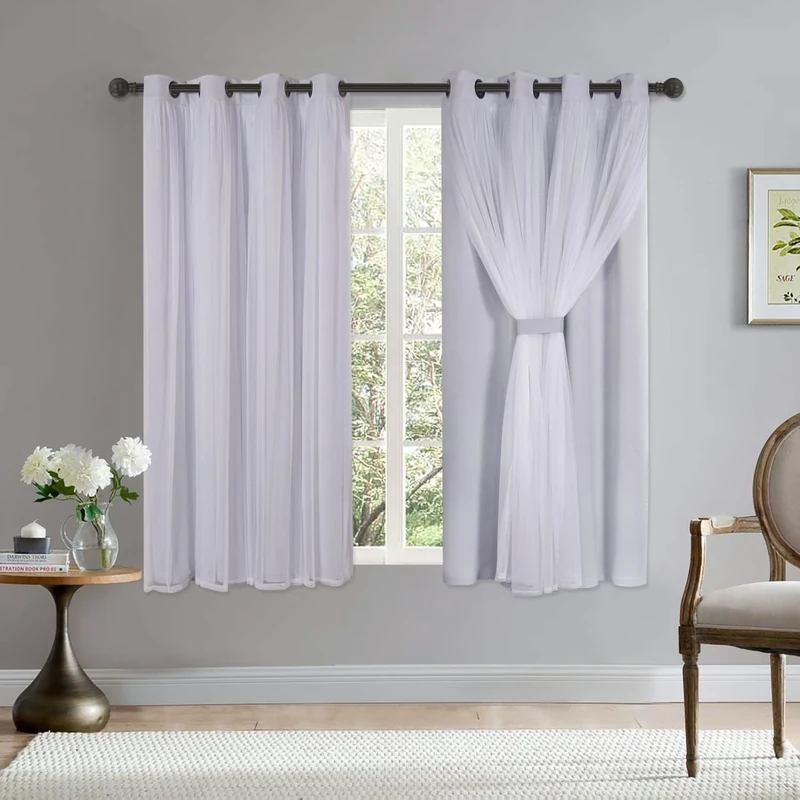 Bonzer Grommet Double-Layered Curtains with White Sheer Voile for Bedroom Mix and Match Blackout Curtains, White Geyish, 52x63 Inch, Set of 2 Panels