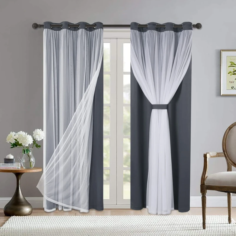 BONZER Grey Blackout Curtains with White Sheer Voile Double-Layered Mix and Match Curtains Grommet Curtains for Living Room, Grey, 52x84 Inch, Set of 2 Panels
