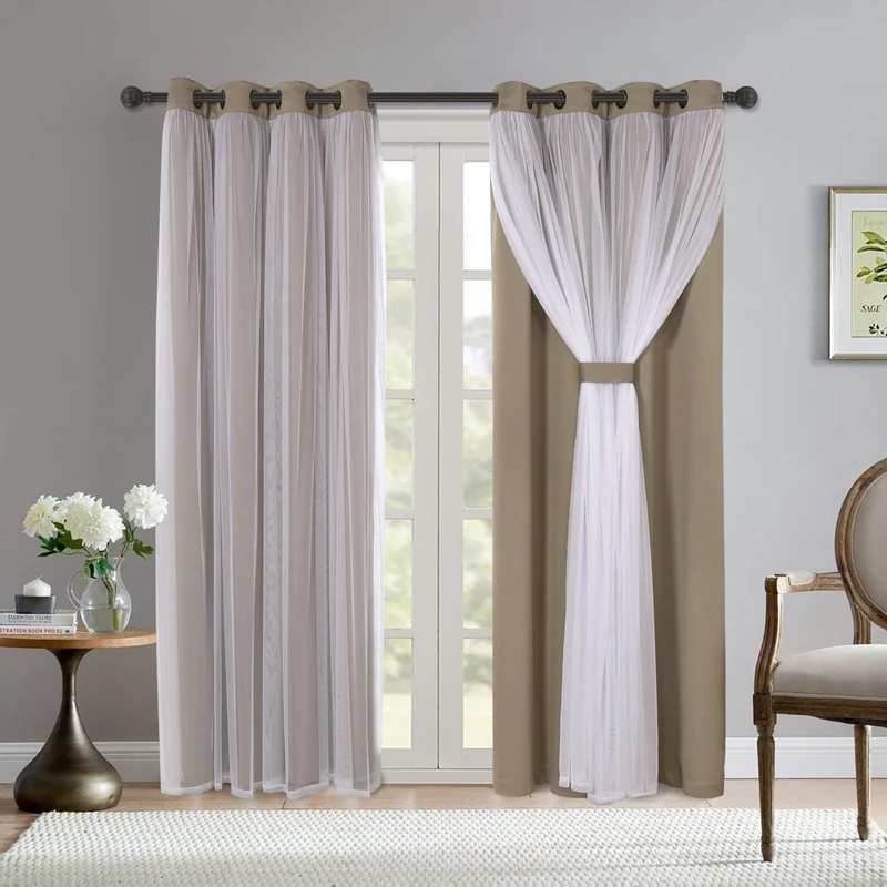 Bonzer 2 Panels Blackout Curtains for Living Room 52x84 Inch Double Layer White Sheer White Voile Panels for Living Room Vintage Linen