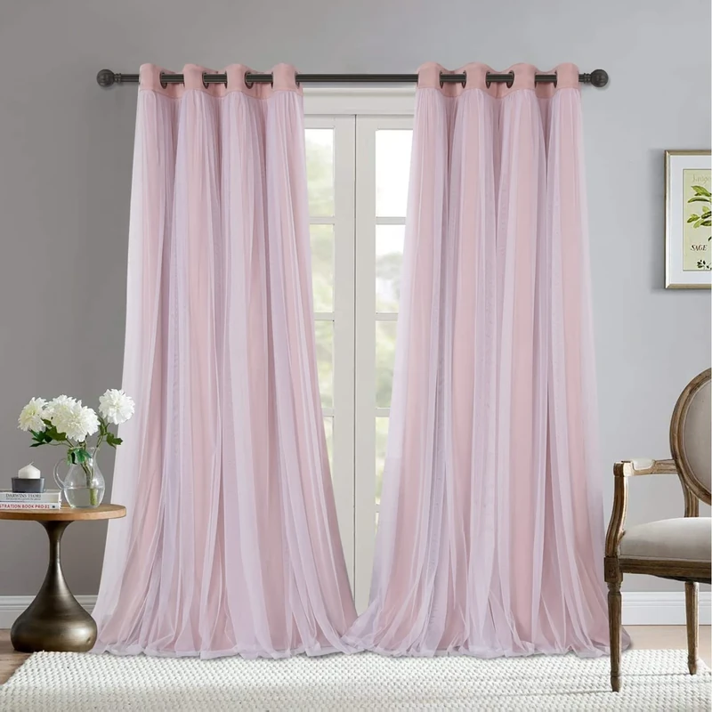 Bonzer 2 Panels Blackout Curtains Grommet Top White Sheer Voile Curtains for Living Room 52" x 95" Red 2 Panels