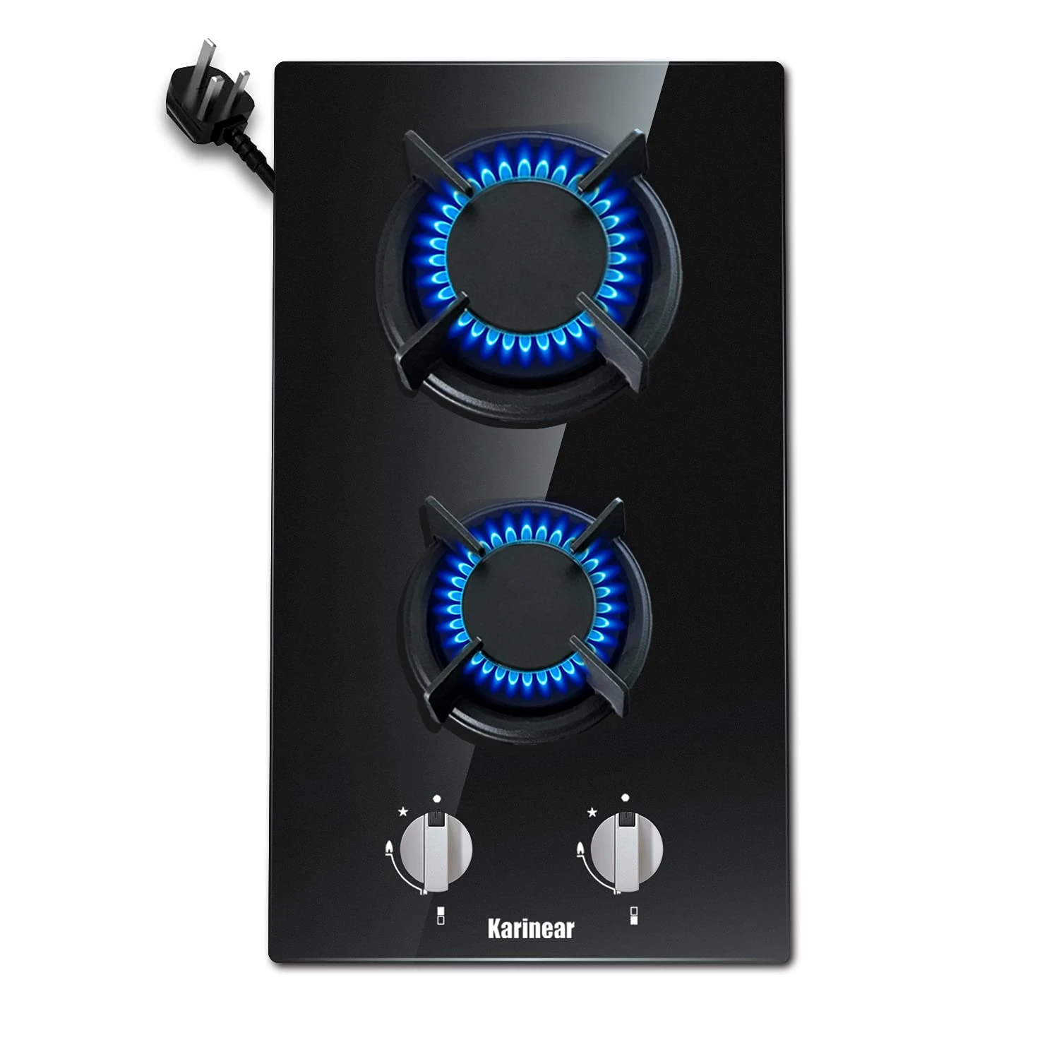 Karinear Plug in 2 Zone Gas Hob with Crystal Glass Cooktop, 3500W Knob Control, NG Original Nozzle, come with LPG Replace