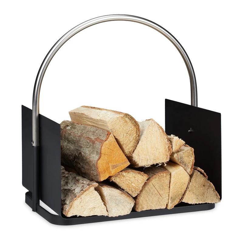 Relaxdays Firewood Basket, Metal, Nickel-Plated Handle, for Indoors, Wood Carrier, HxWxD: 43.5 x 40.5 x 30 cm, Black