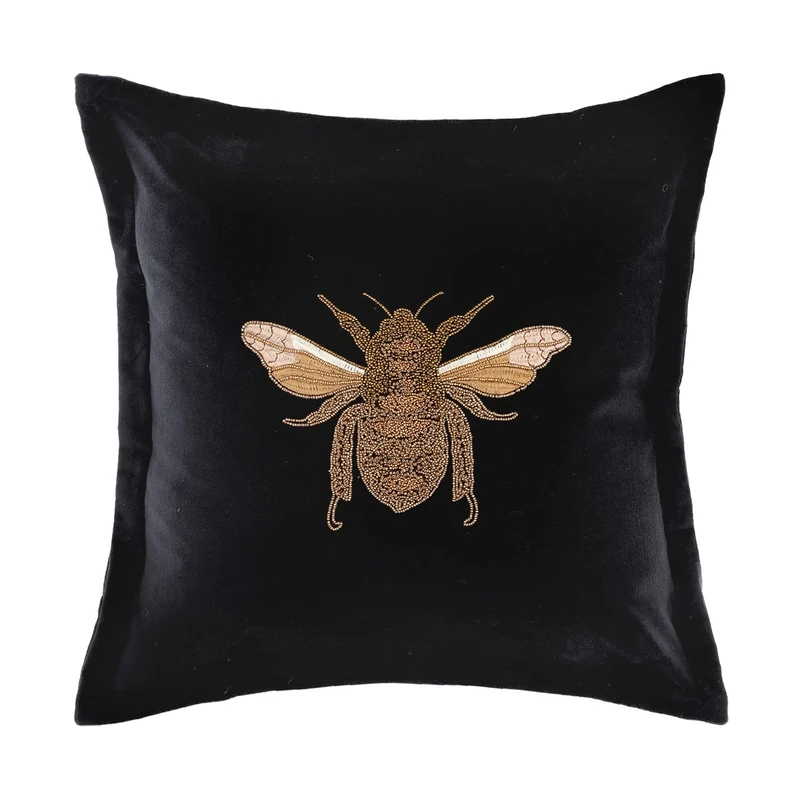 Voyage Maison Layla Feather Filled Cushion – Velvet Embroidered Bee Gold Oxford Edge Ikon Luxury Décor (Black - 50x50cm)