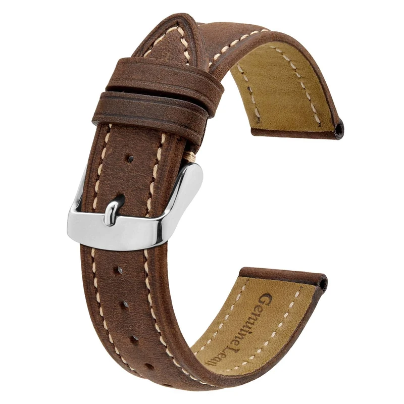 BISONSTRAP Watch Strap 15mm, Vintage Leather Replacement Watch Band, Dark Brown with Thread