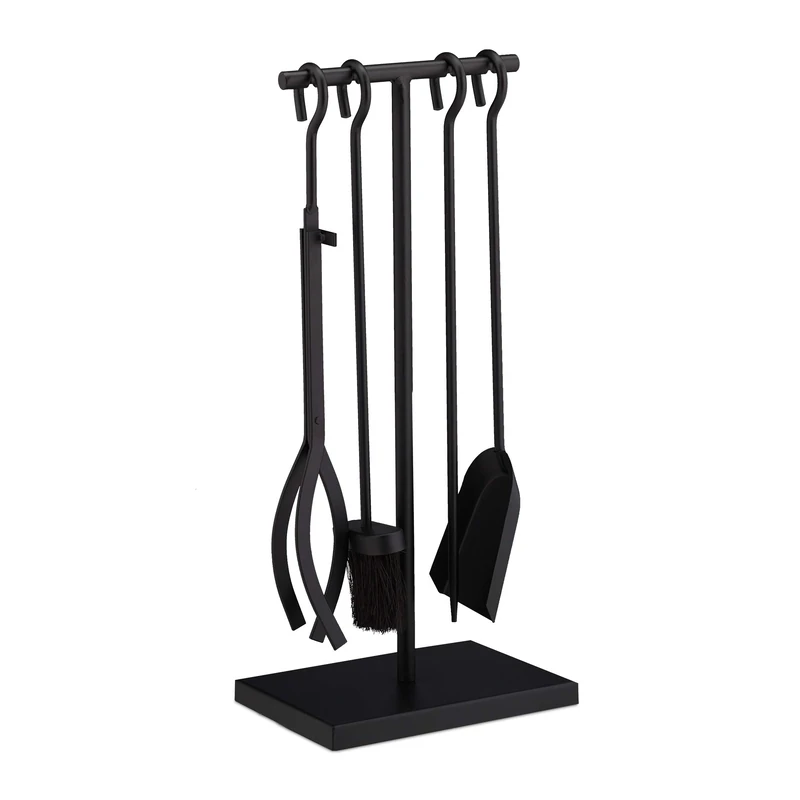 Relaxdays Fireplace Set, 5-piece Fireside Kit with Poker, Tongs, Ash Shovel, Broom & Stand, HWD: 57 x 25 x 18 cm, Black