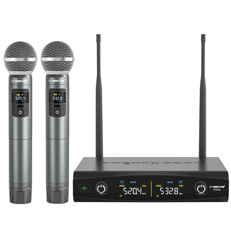 Phenyx Pro UHF Wireless Handheld Microphone System, 30 Adjustable Frequency Cordless Mic Sets with Case, All Metal Build, 200ft Coverage, Suitable for Home Karaoke, Weddings, DJ, Church (PTU-52)