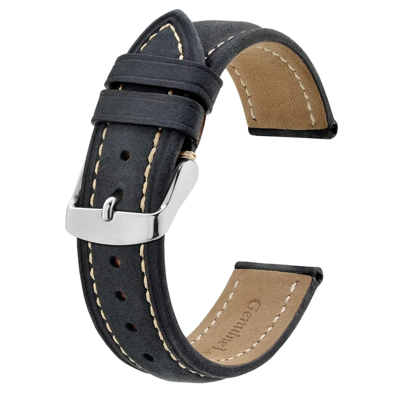 BISONSTRAP Watch Strap 18mm, Vintage Leather Replacement Watch Band, Black with Beige Thread