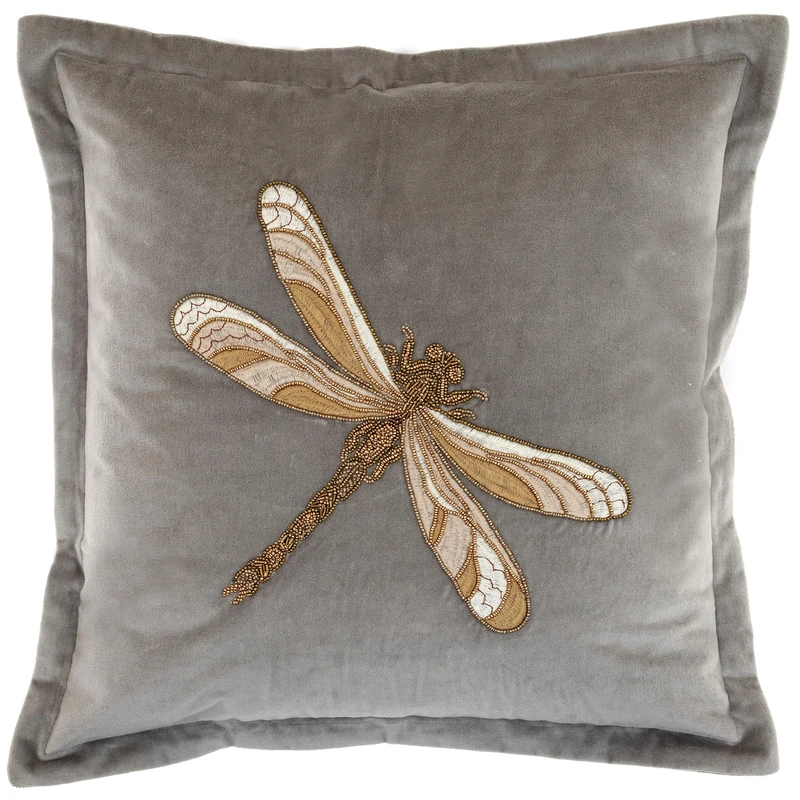 Voyage Maison Aria Feather Filled Cushion – Embroidered Velvet Soft Luxury Oxford Border Designer Décor (Grey - 50x50cm)
