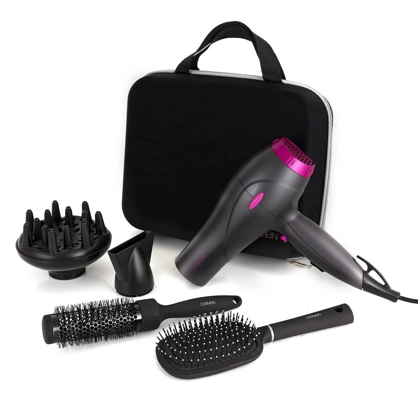 Carmen C81072 Neon Hair Dryer Gift Set with Keratin Protech, Diffuser, Concentrator Nozzle, 2000W, Graphite and Pink