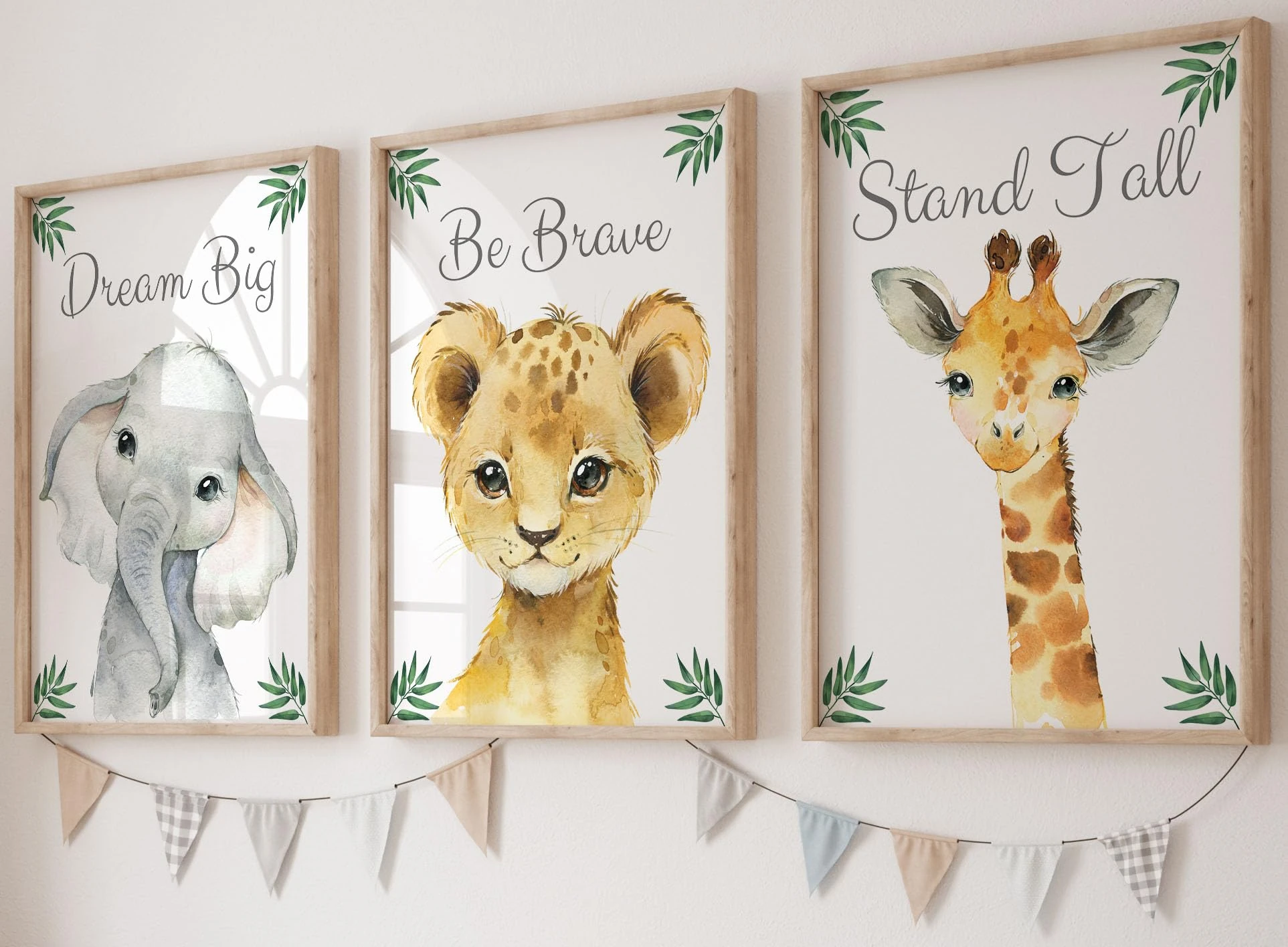 Eviepops Prints Safari Animals Baby Girl or Boy Nursery Bedroom Set of 3 Unframed Jungle Leaves Quote Prints, Nursery Decor Wall Art, Giraffe Elephant Lion, Stand Tall Dream Big Be Brave (A4)