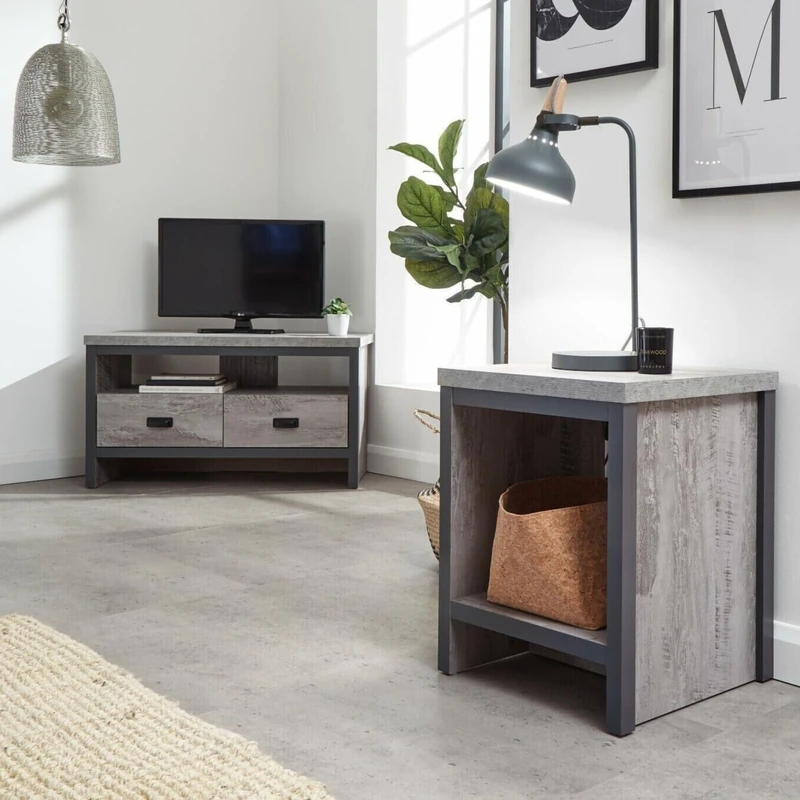 GFW Boston Grey Wood Effect Lamp Table with Shelf, Industrial Side Table, End Table with Storage Shelf, Urban Style Living Room Furniture