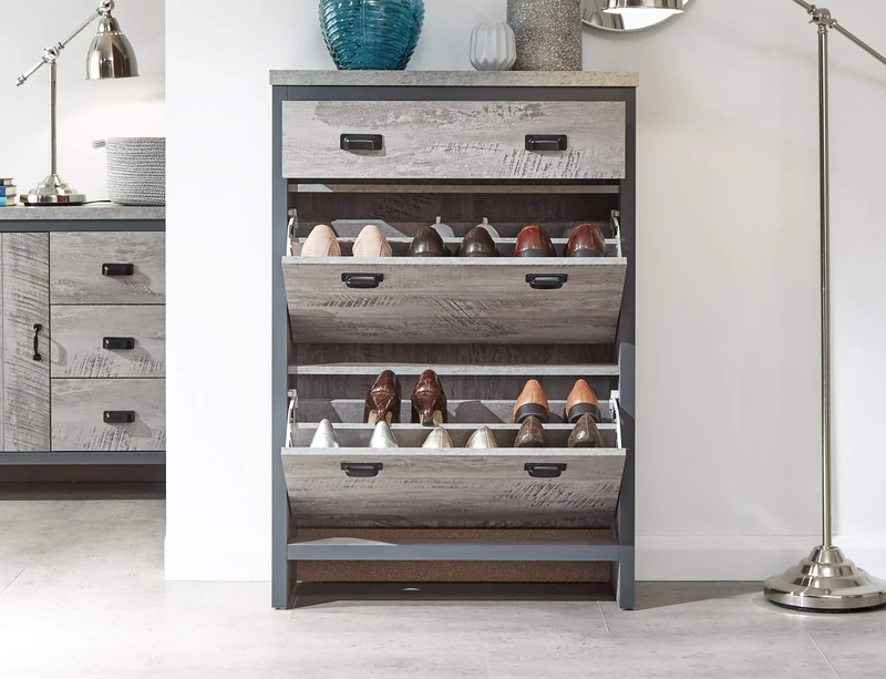 GFW Wooden Hallway Shoe Storage Organiser Cupboard Stores Up to 12 Shoes, Slim Entryway Cabinets for Hallways, Bedroom Or Living Space, Wood, Grey, H-107cm x W-73cm x D-29cm