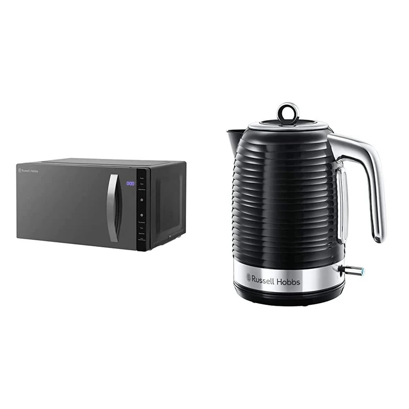 Russell Hobbs RHFM2363B 23L Flatbed Digital 800w Solo Microwave Black & 24361 Inspire Electric Fast Boil Kettle, 3000 W, 1.7 Litre, Black with Chrome Accents