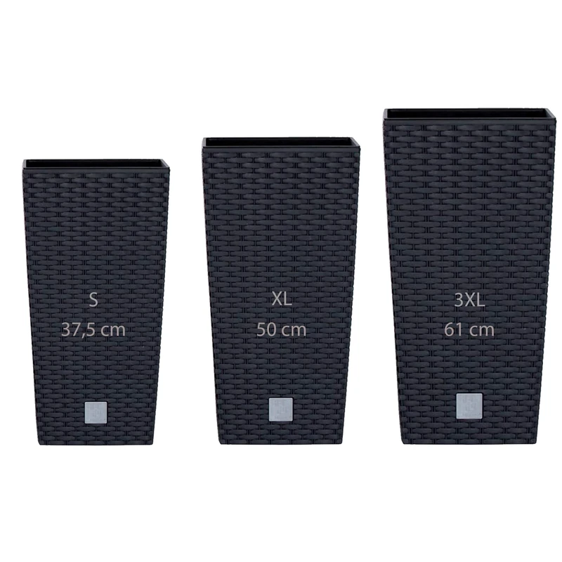 WELL HOME MOBILIARIO & DECORACIÓN Pack of 3 Tall Prosperplast pots (11.4/26.6/49 liters) Rato Square Plastic in Anthracite Color with Tank, Rattan, Set Grande