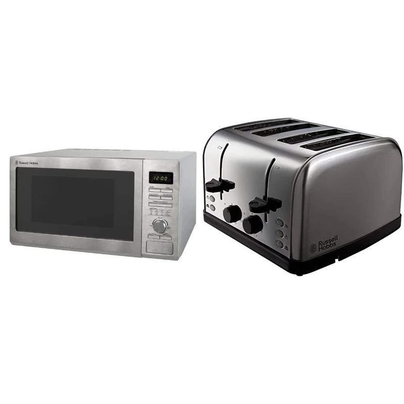 Russell Hobbs RHM2563 25L Digital 900w Solo Microwave Stainless Steel & 18790 4 Slice Toaster, Stainless Steel, 1500 W