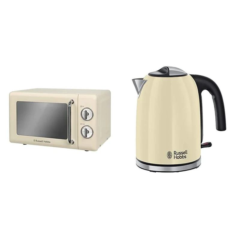 Russell Hobbs RHRETMM705C 17 L 700 W Cream Compact Retro Solo Manual Microwave with 5 Power Levels, Timer, Defrost Setting, Easy Clean & 20415 Stainless Steel Electric Kettle, 1.7 Litre, Cream