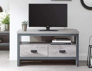 GFW Boston 2 Drawer & Shelf Corner TV Unit, Television Stand for Living Entertainment Room with Storage Shelves & Drawers, H-48.5cm x W-86cm x D-45cm, Grey