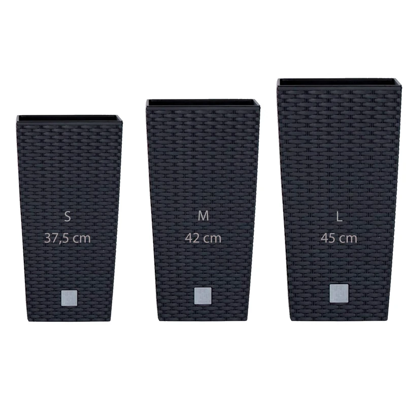 WELL HOME MOBILIARIO & DECORACIÓN Pack 3 Tall pots Prosperplast (11,4/16,3/19 liters) Rato Square Plastic in Anthracite Color with Tank, Set pequeño