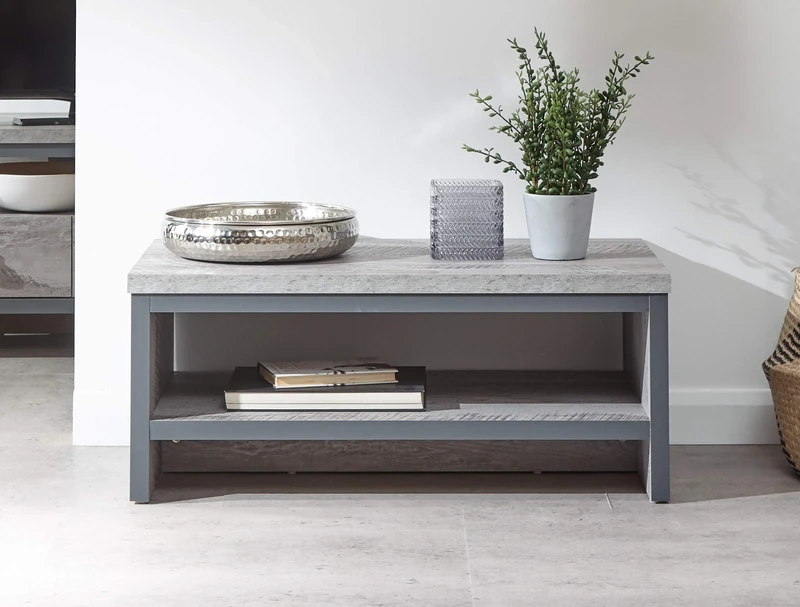 GFW Boston Simple Coffee Table Grey With Distressed Finish For Living Room, With Lower Storage Shelf For Books, TV Accessories & Magazine, Engineered Wood, Grey, H-35.8cm x W-86cm x D-48cm