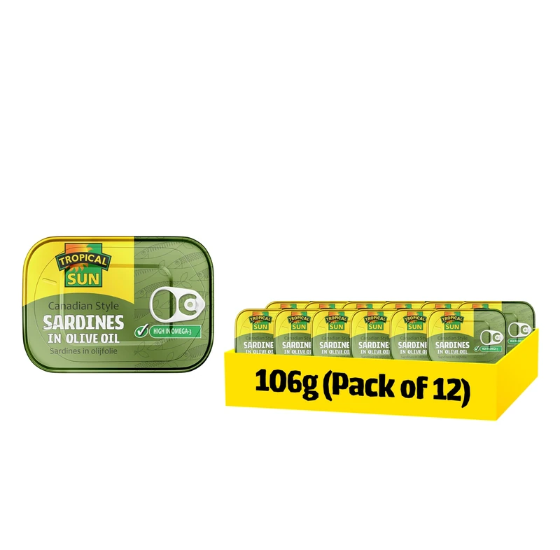 Tropical Sun Canadian Style Sardines in Olive Oil 106g (Pack of 12) - Premium Quality Canned Sardines - Ready to Eat - High in Protein & Omega 3 - Perfect for Salads, Pasta & Light Meals