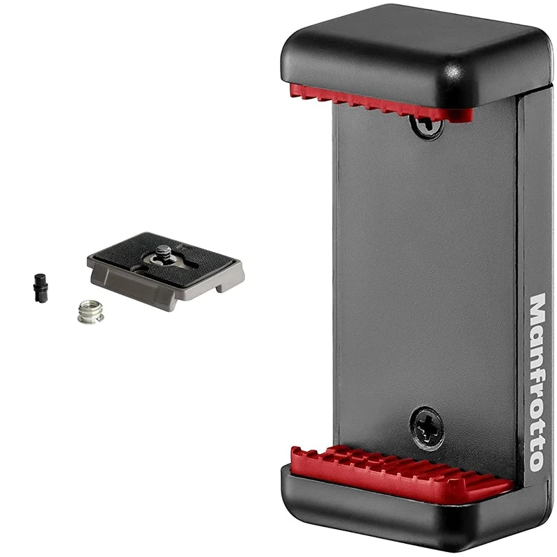 Manfrotto 200PL, Quick Release Plate, Multi-Colour & MCLAMP, Universal Smartphone Clamp with Thread Connections, for iPhone with or without case, Foldable, Compact Size, Vlogging, Black