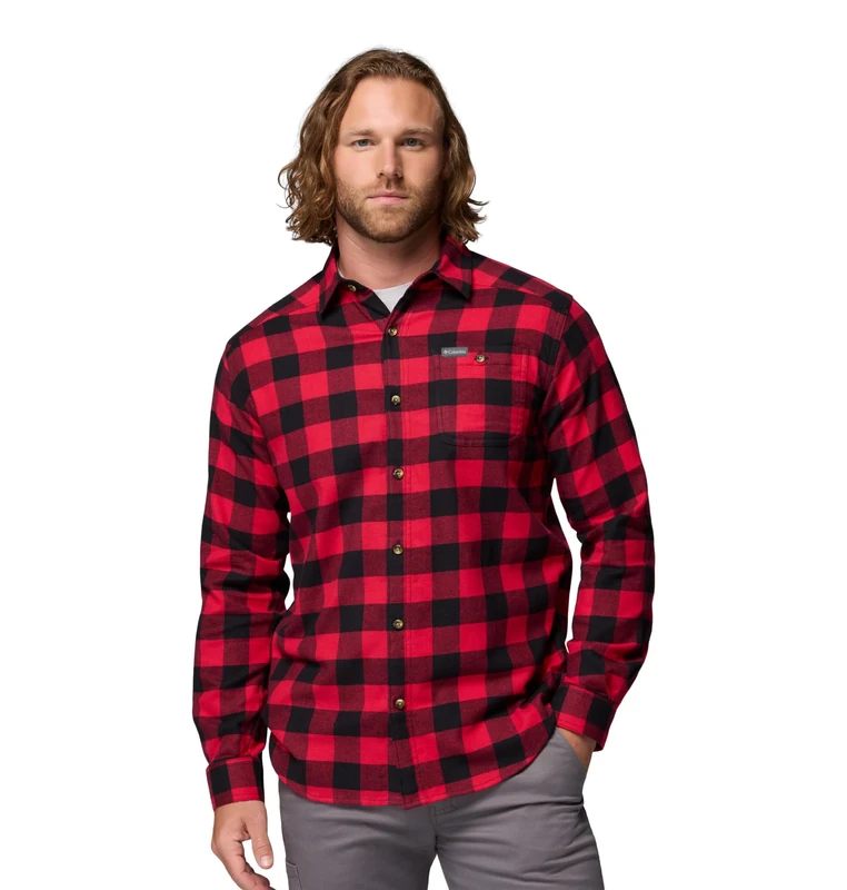 Columbia Men's Cornell Woods Flannel Long Sleeve Shirt Button, Mountain Red Buffalo Check, XXL