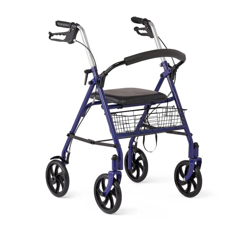 Medline Steel Rollator with 8 Inch Wheels, Folding Rolling Walker, Adjustable Arms, Supports 300 Lbs, Blue