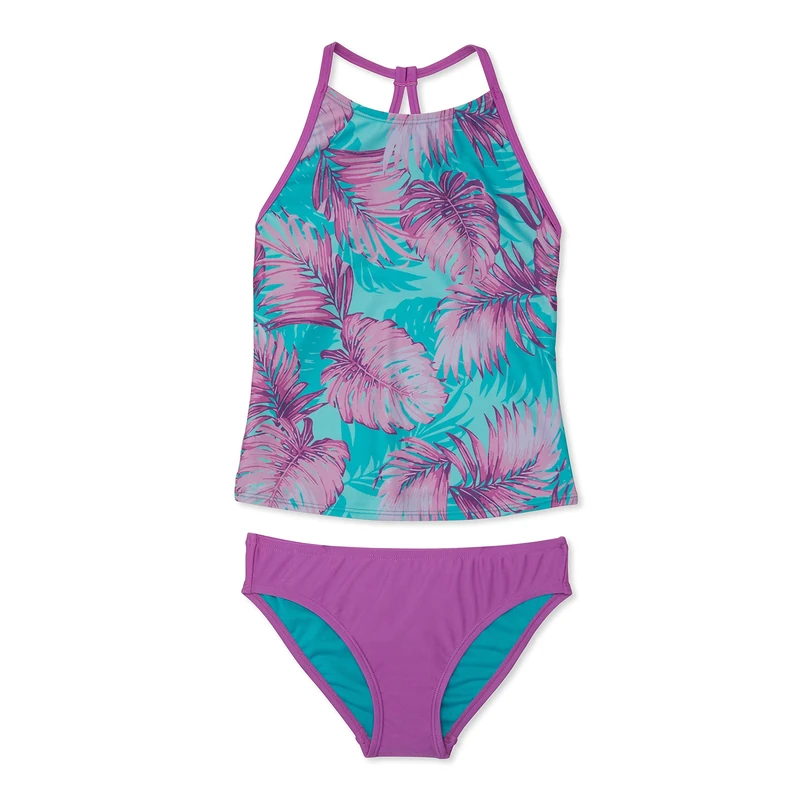 Speedo -Womens Printed High Neck Tankini Set (Big Kids) Aruba Blue 7 Big Kids