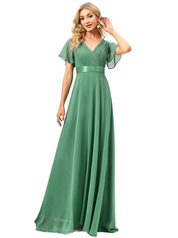 Ever-Pretty Women's Double V-Neck Short Flutter Sleeves Empire Waist Elegant Chiffon Long Evening Dresses Green Blue 28UK