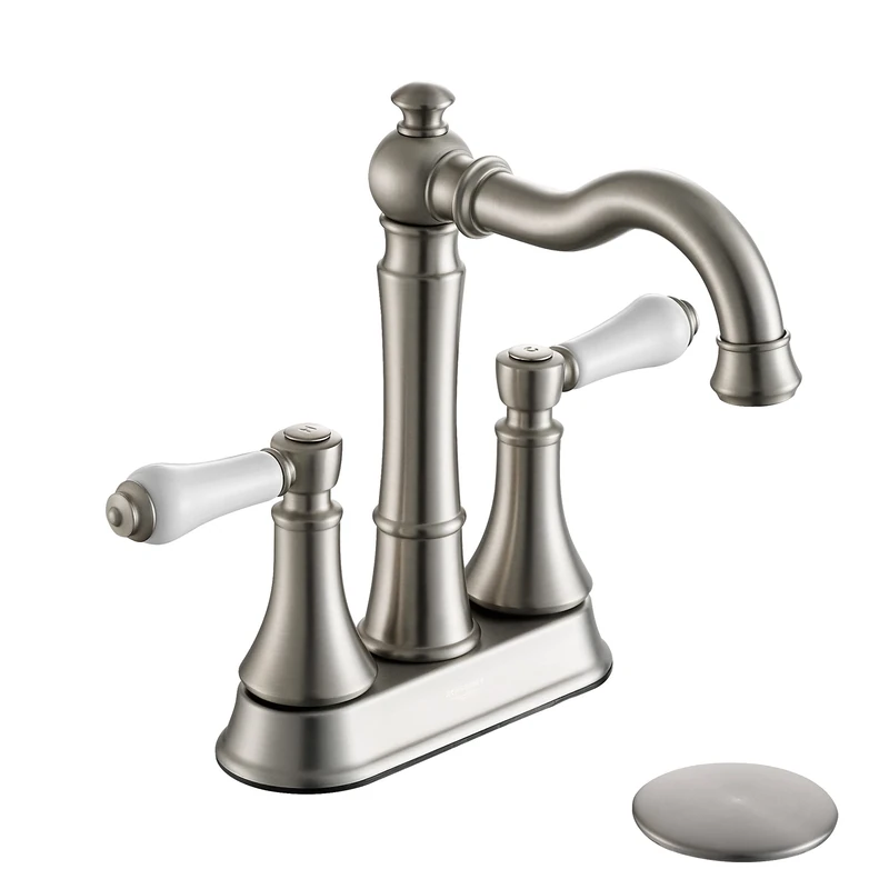 Roffenny Bathroom Faucets Brushed Nickel 3 Hole Traditional Porcelain 2 Handle 4" Middle 4" Center Bath Basin Faucet with Pop Up Drain
