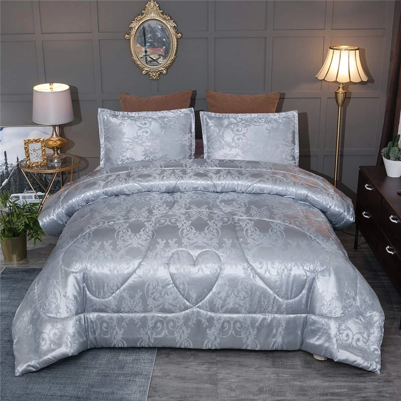 Raytrue-X Satin Silky Comforter Sets Luxury Bedding Sets Soft Microfiber European Style Quilt Bedding Collection Queen Size Gold Gray Blue (Gray, Queen 88-by-88 inches)