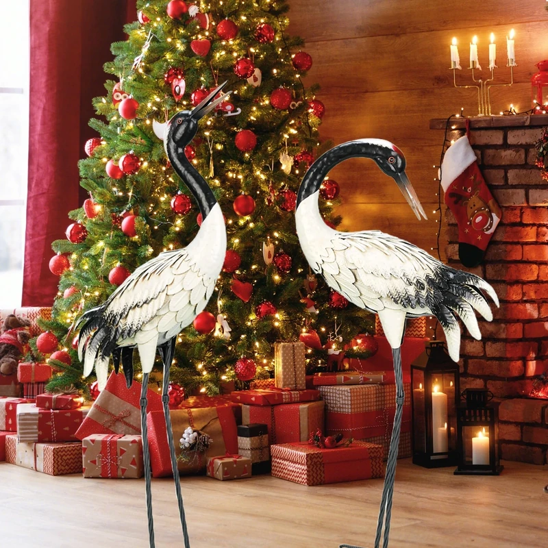 chisheen Garden Crane Statues Outdoor Heron Red Crowned Crane Metal Yard Art Sculpture,Set of 2