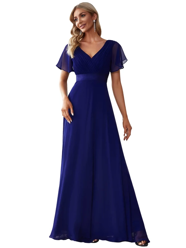 Ever-Pretty Women's Double V-Neck Short Flutter Sleeves Empire Waist Elegant Chiffon Long Evening Dresses Royal Blue 26UK