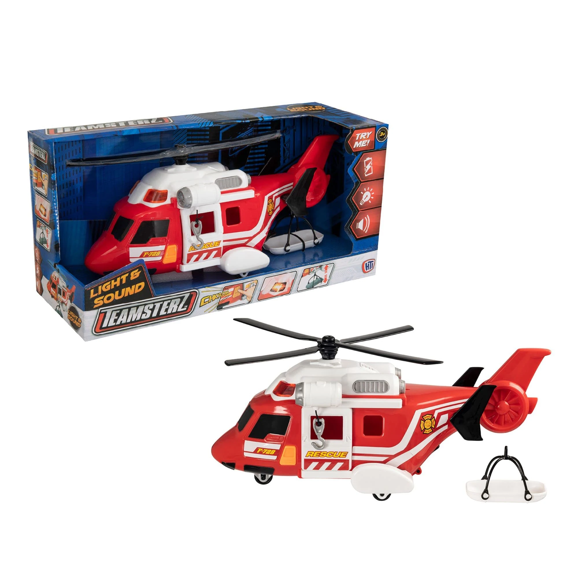 Teamsterz Mighty Machines Medium Fire Helicopter Toy | Lights & Sounds Emergency Vehicle | Firefighter Rescue with Winch & Stretcher | Educational Playset for Kids | Ages 3+