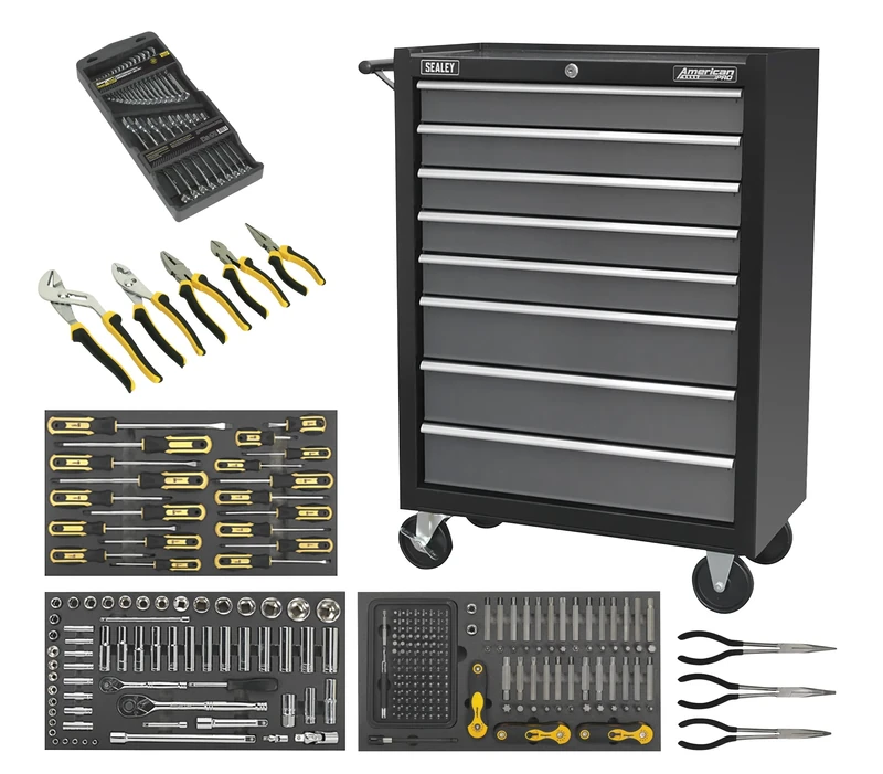Sealey American PRO® Rollcab 8 Drawer with Ball-Bearing Slides - Black/Grey & 145pc Tool Kit - AP35TBCOMBO3