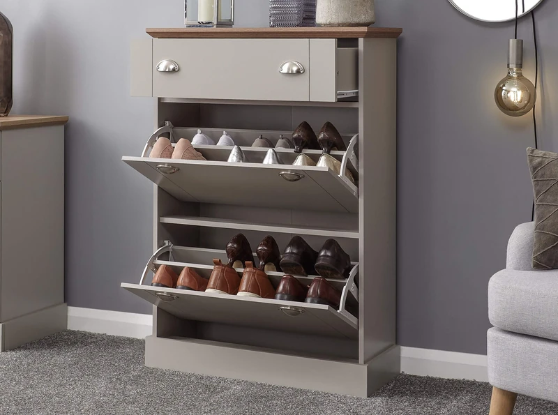 GFW Kendal Deluxe Shoe Cabinet, 29 cm Depth x 77 cm Width x 109 cm Height, Grey/Oak