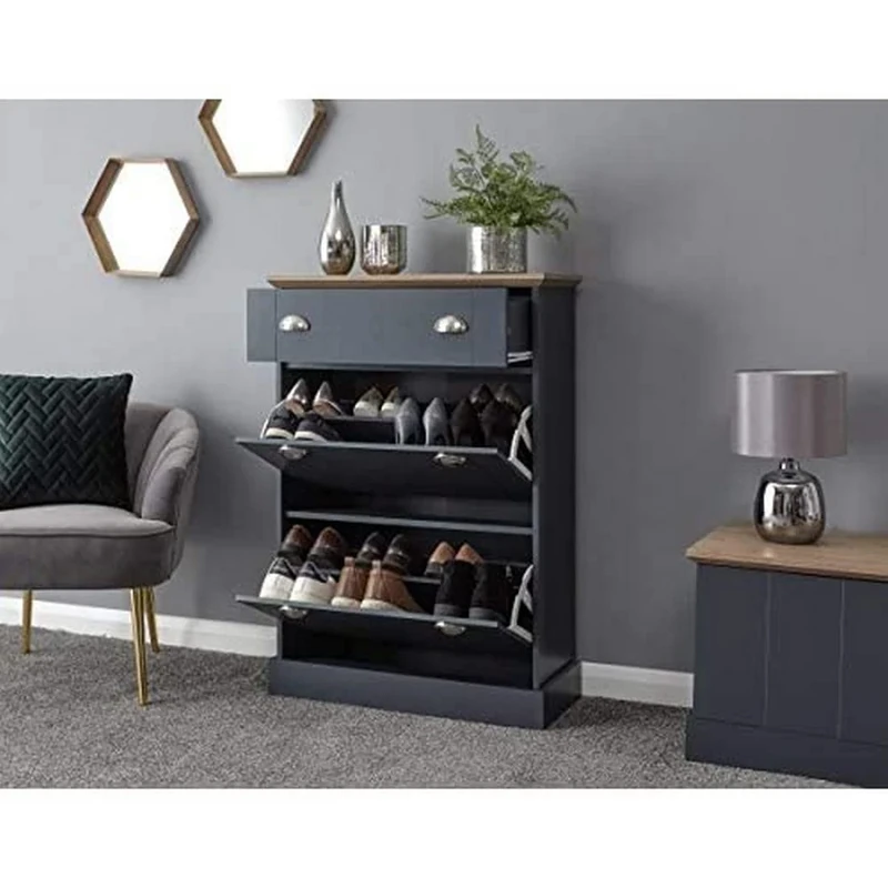 GFW Kendal Shoe Storage Cabinet Cupboard with Top Drawer and 2 Pull Down Storage Compartments For Up To 12 Shoes. Slim Wooden Shoe Unit for Hallway and Bedroom, Slate Blue/Oak, H108.5 x W76.5 x D29cm