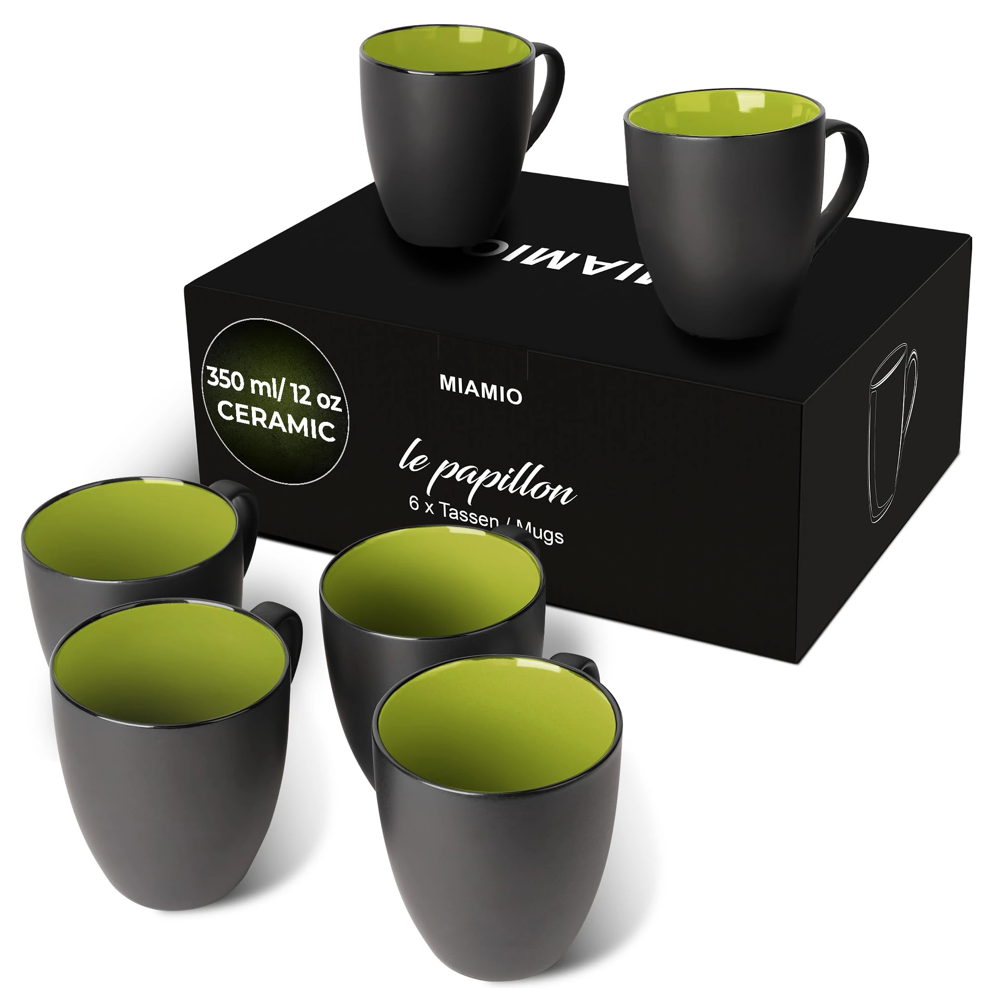 MIAMIO - 6 x 350 ml Stoneware Coffee Mug/Cup Set - Le Papillon Collection (Green)