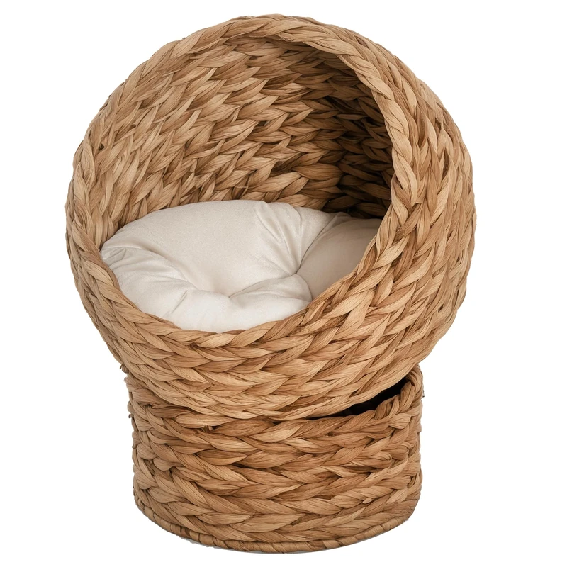 PawHut Woven Banana Leaf Elevated Cat Bed Wicker Kitten Basket Pet Den. House Cosy Cave with Soft Cushion Dome 50x42x60cm Brown
