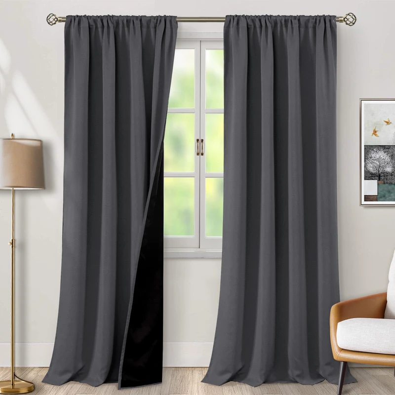 BGment 100% Blackout Curtains for Bedroom Thermal Insulated Black Liner Double Layer Blackout Noise Reducing Curtains (52x98 Inch, Dark Grey, 2 Panels)