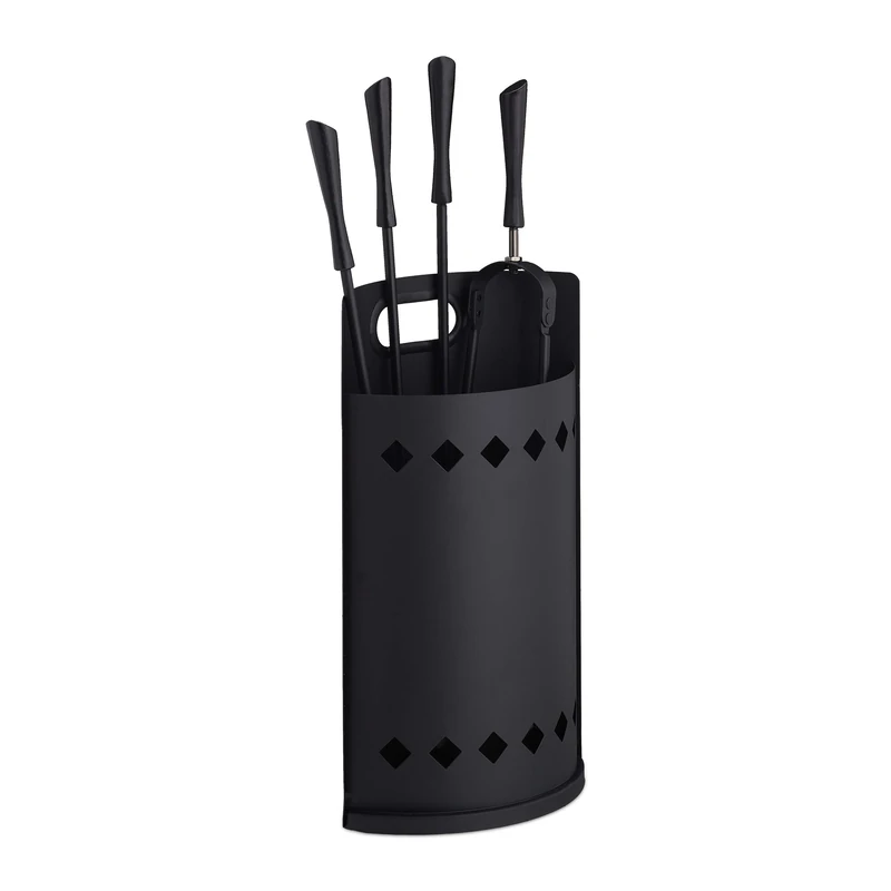 Relaxdays Fireplace Set, 5-piece Fireside Kit with Poker, Tongs, Ash Shovel, Broom & Bucket, HWD: 61 x 25 x 15 cm, Black