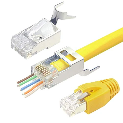 VCELINK (Gen 2 RJ45 Cat7 Cat6A Pass Through Connector Shielded Network Plug Gold Plated for Installation Ethernet Cable Cat7 Cat6A 8P8C with Load Bar and RJ45 Boots Cover 20Pack Yellow