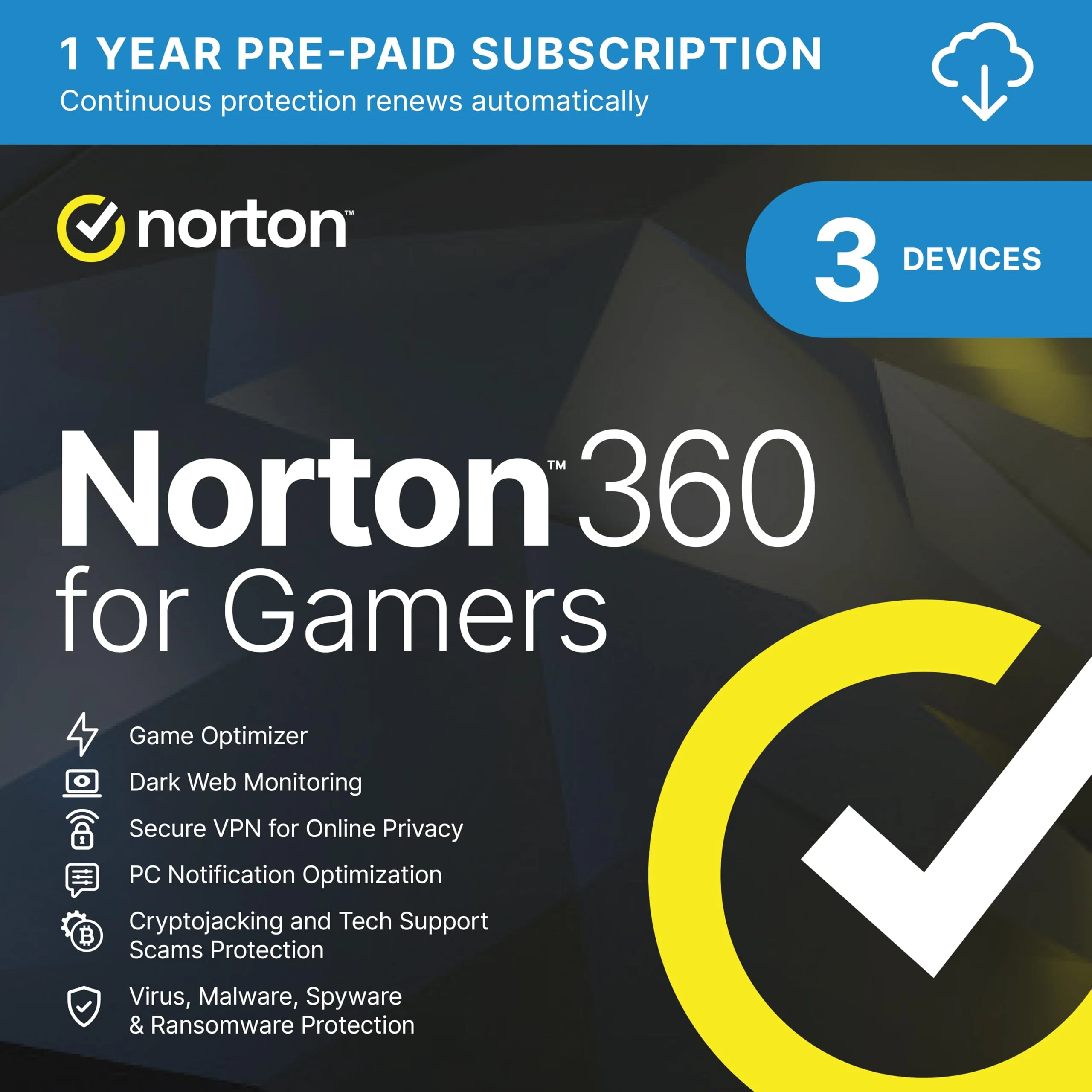 Norton 360 for Gamers 2025, Antivirus software 3 Devices and 1-year subscription with automatic renewal, Secure VPN, Dark Web Monitoring and Password Manager, PC/Mac/iOS/Android