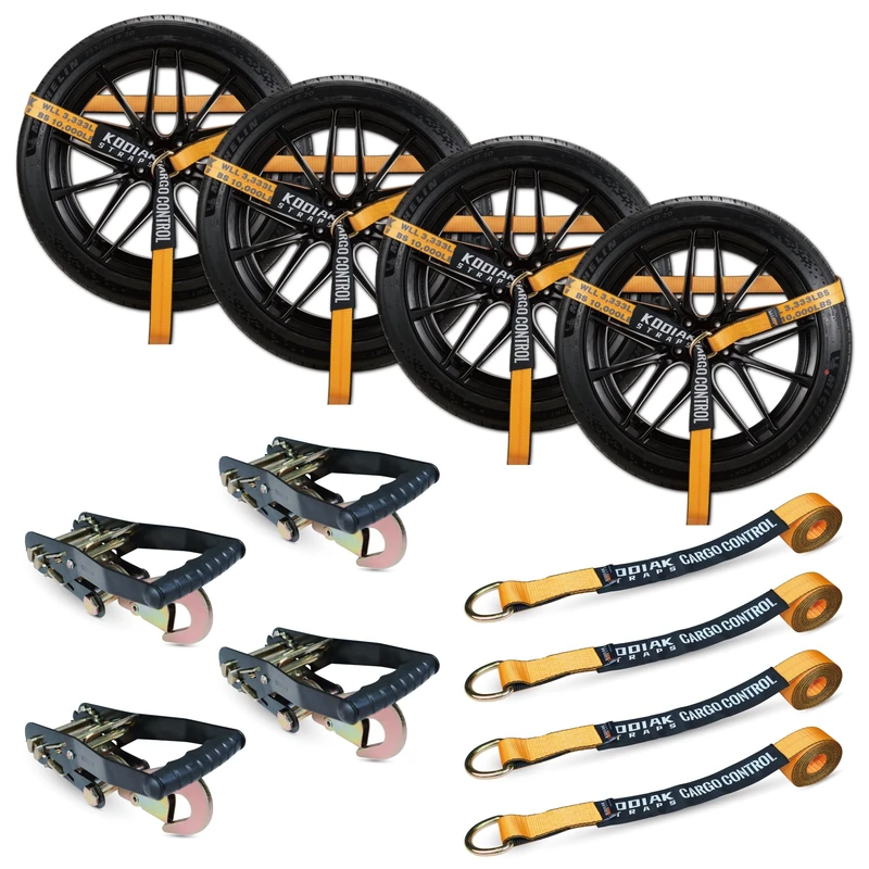 KODIAK STRAPS Adjustable Vehicle Tie Down Kit 4pk Heavy Duty with Snap Hooks -Break Strength 10,000 lbs-Working Load 3333 lbs-Lasso Trailers Ratchet Straps with 4 Axle Straps for for Car, Truck, UTV(