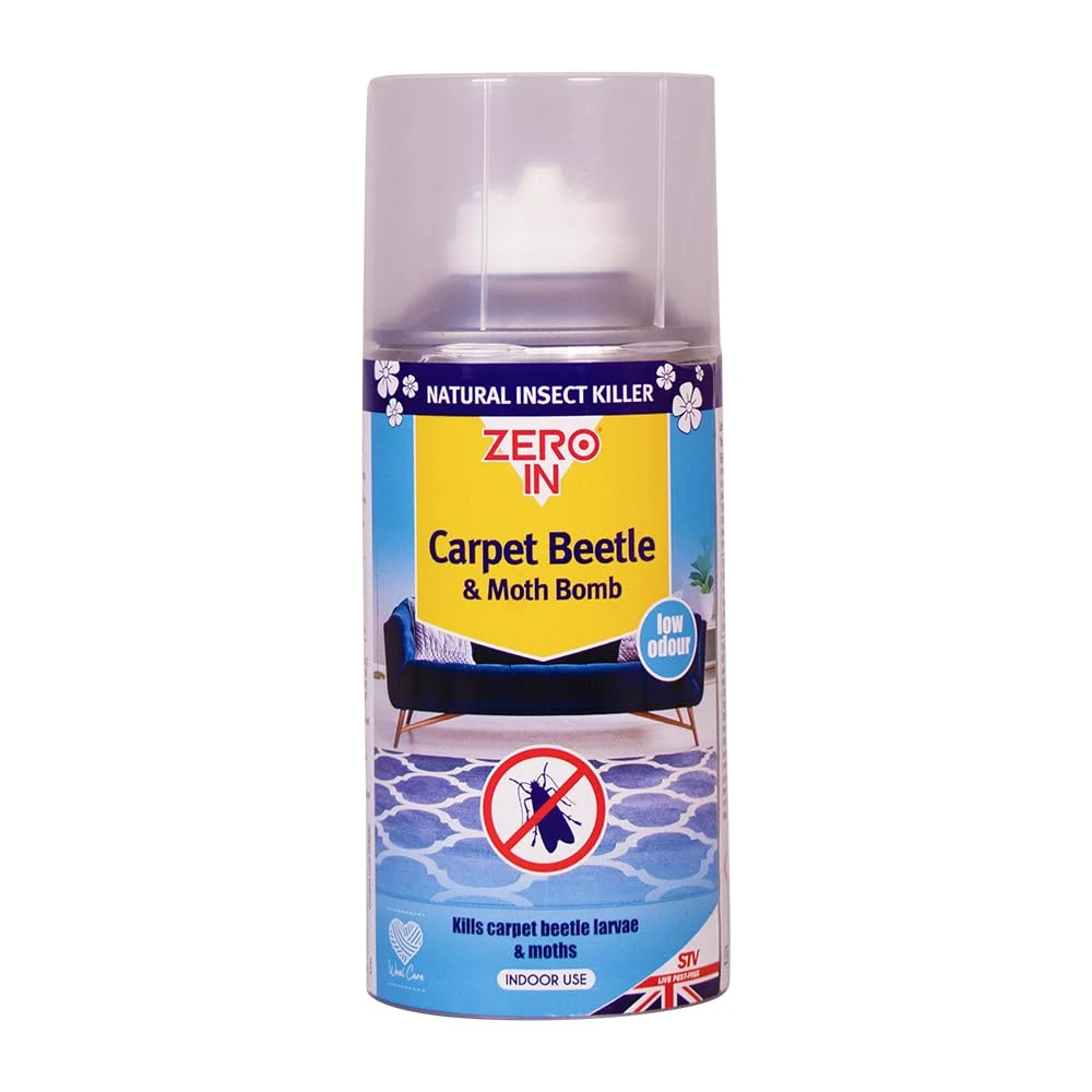 Zero In Carpet Beetle & Moth Killer Bomb - 150 ml One-Shot Aerosol Rapid-Action Knockdown Insecticidal Bomb for Carpet Beetles and Moths Prevents Allergies