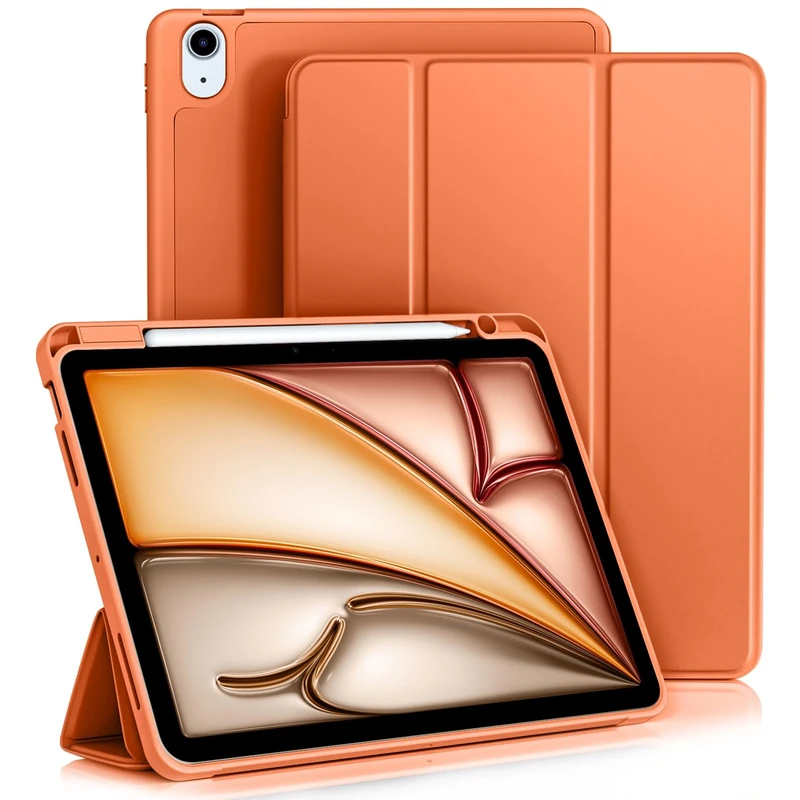 Vobafe Case for iPad Air 11 Inch Case 2024 / Air 5th 4th Generation 2022/2020 10.9 Inch, Flexible TPU Back Cover with Pencil Holder, [Support Apple Pencil Charging][Auto Wake/Sleep]-Papaya